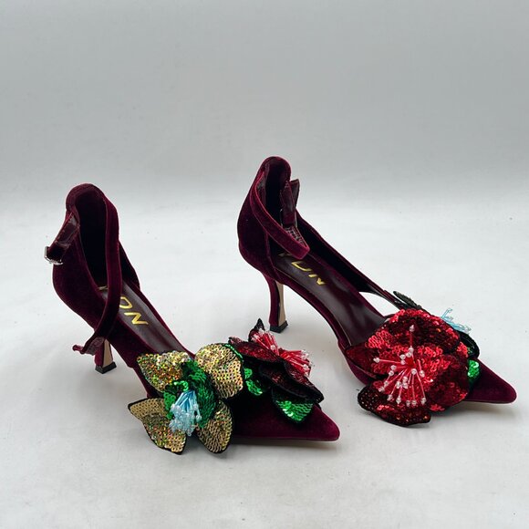 YDN WIne Ankle Strap Buckle Closed Toe Flower Colorful Rhinestones D'Orsay Pumps - Picture 3 of 7